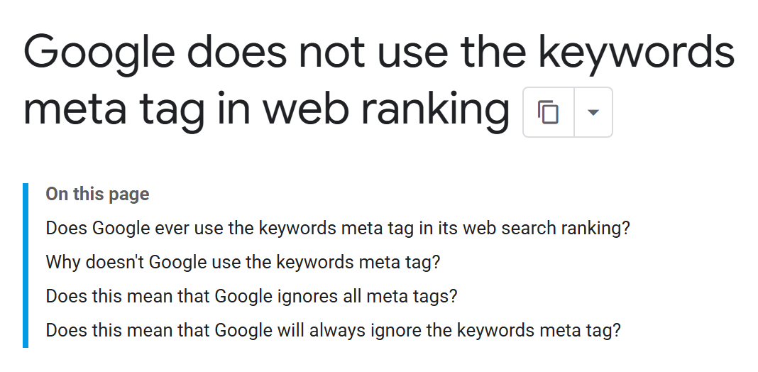 Google Search Central Blog post headline: “Google does not use the keywords meta tag in web ranking.”